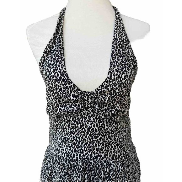 Warehouse Halter Neck light Hi Lo Midi Fit and Flare Black Leopard Dress 10 US - Picture 9 of 11